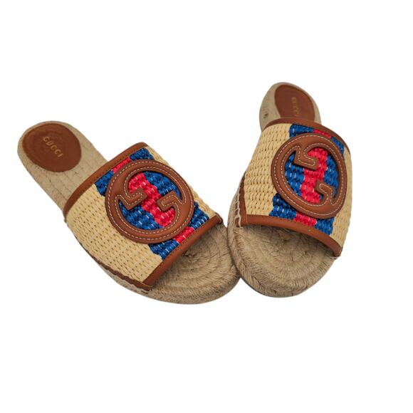Gucci GG Adela Raffia Espadrille Slide Flat Sandal Size 37 US 7 Beige Brown Red - Picture 1 of 10